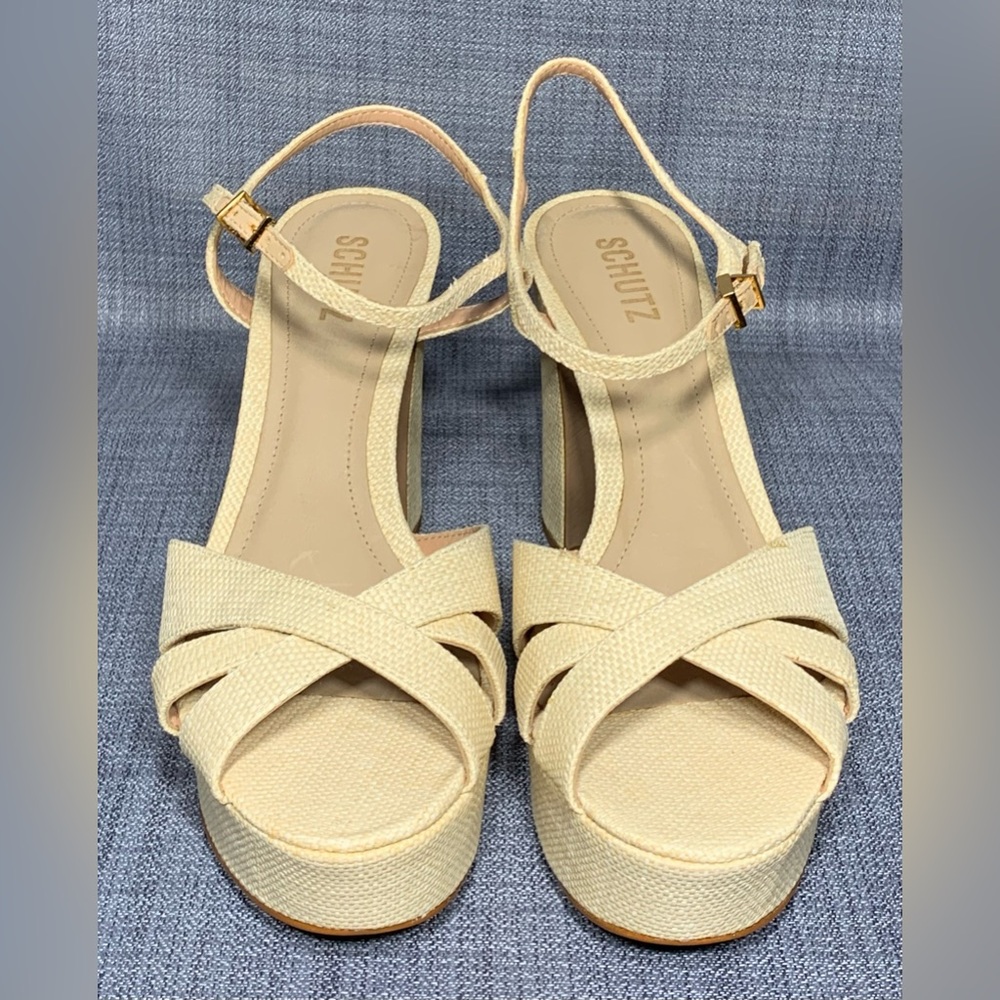 SCHUTZ Keefa Raffia Platform Sandals Natural Woven - Picture 3 of 8